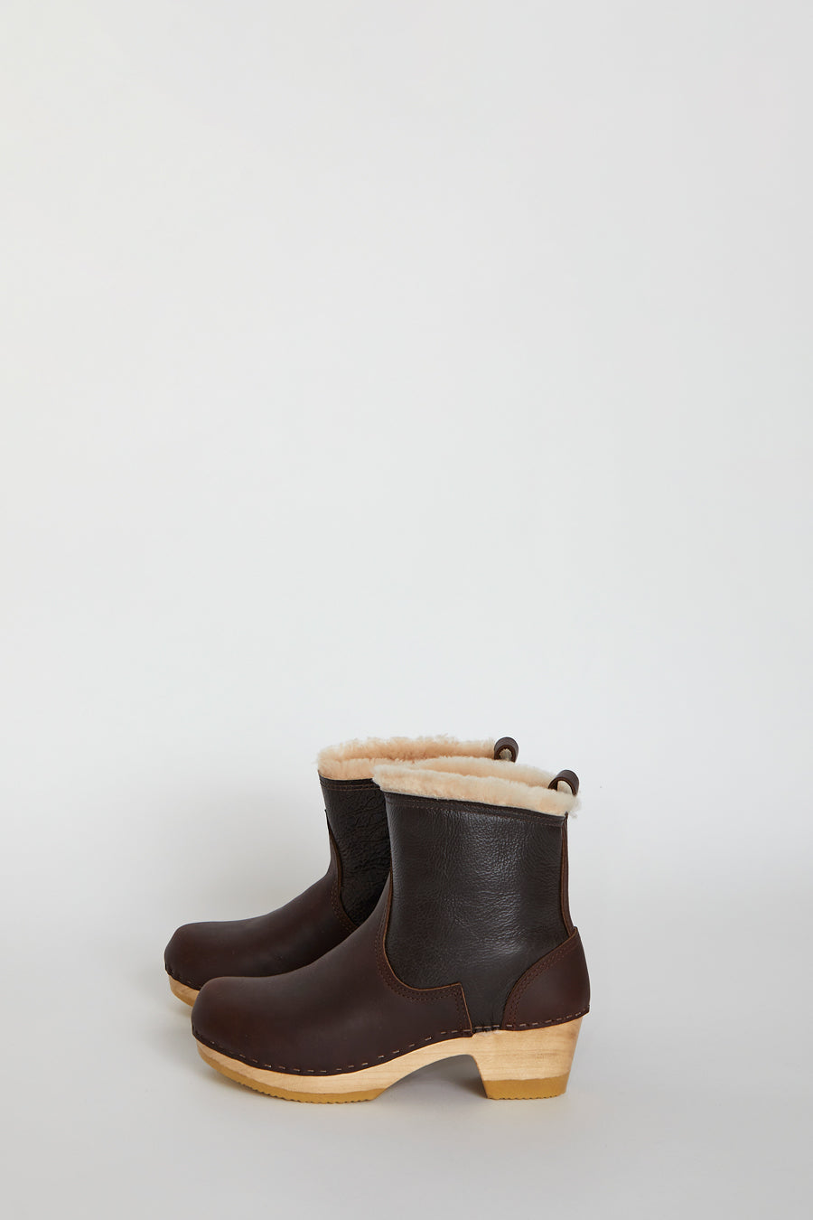 No.6 5" Pull On Shearling Clog Boot on Mid Heel in Brown Aviator