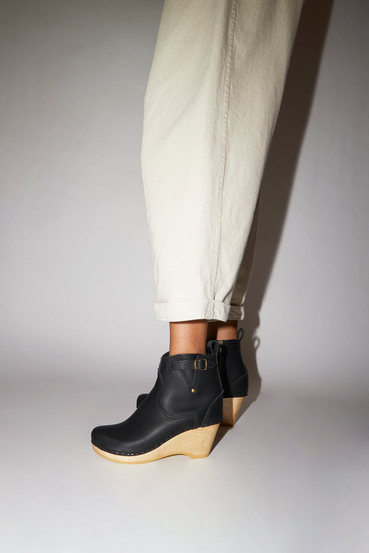 black leather clogs