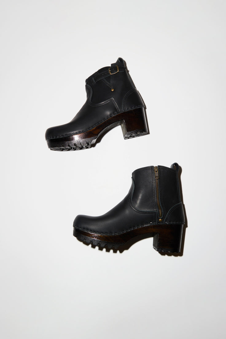 black leather clogs