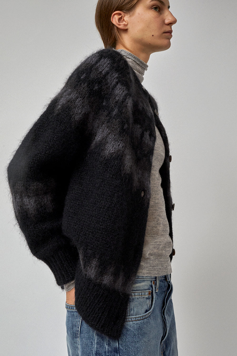 Batoner Mohair Nordic Crew Neck Cardigan in Black