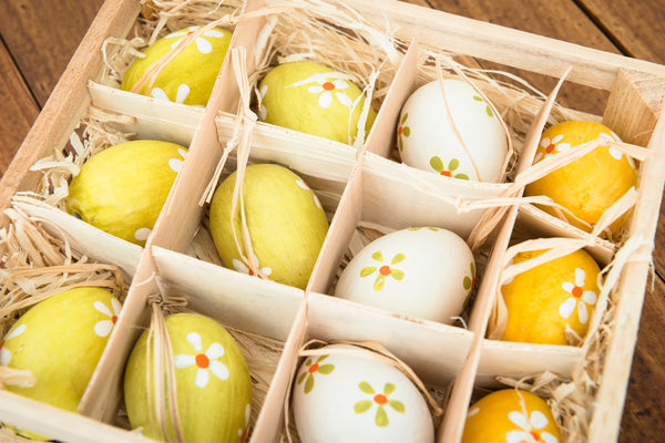 Wooden Easter Eggs in Natural Wood Container