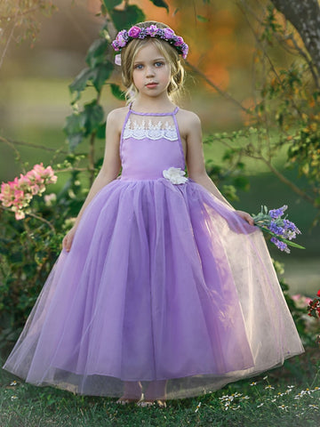 Mia Belle Girls Lace Scalloped Open Back Tulle Maxi Dress with Flower Clip