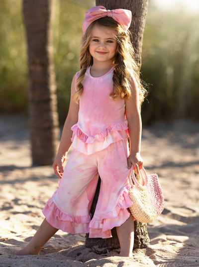 Cute Spring Outfit  Girls Pastel Ruffle Hem Top & Wide Leg Pants Set – Mia  Belle Girls