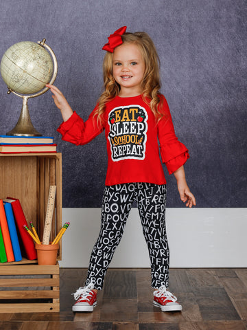  "Eat, Sleep, School, Repeat" Double Ruffle Sleeve Top and Alphabet Leggings Set