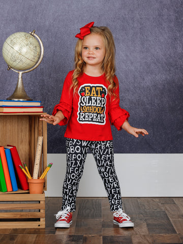  "Eat, Sleep, School, Repeat" Double Ruffle Sleeve Top and Alphabet Leggings Set