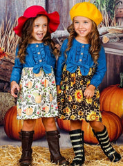 Mia Belle Girls Denim Printed Ruffled Button Down Long Sleeve Dress with Bow