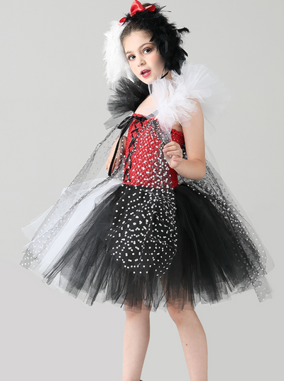 Girls 101 Dalmatians Cruella De Vil Inspired Halloween Tutu Dress with Matching Headband
