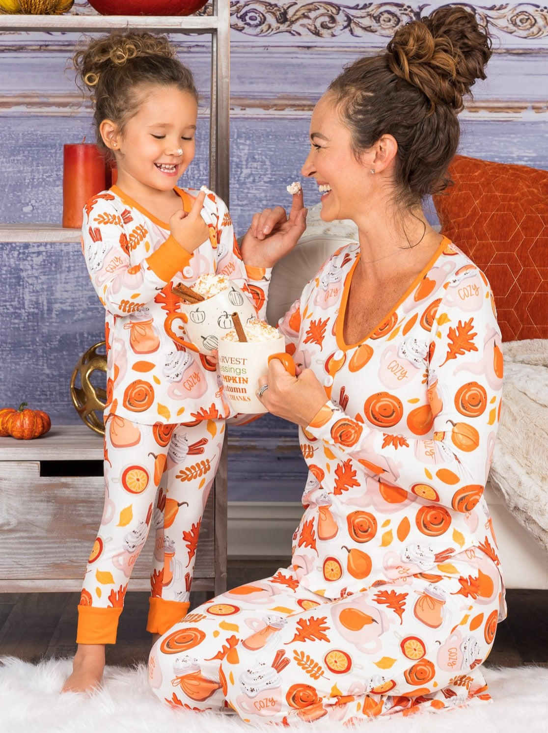 Mommy & Me Long Sleeve Buttoned Pumpkin Spice Fall Print Pajama Set ...
