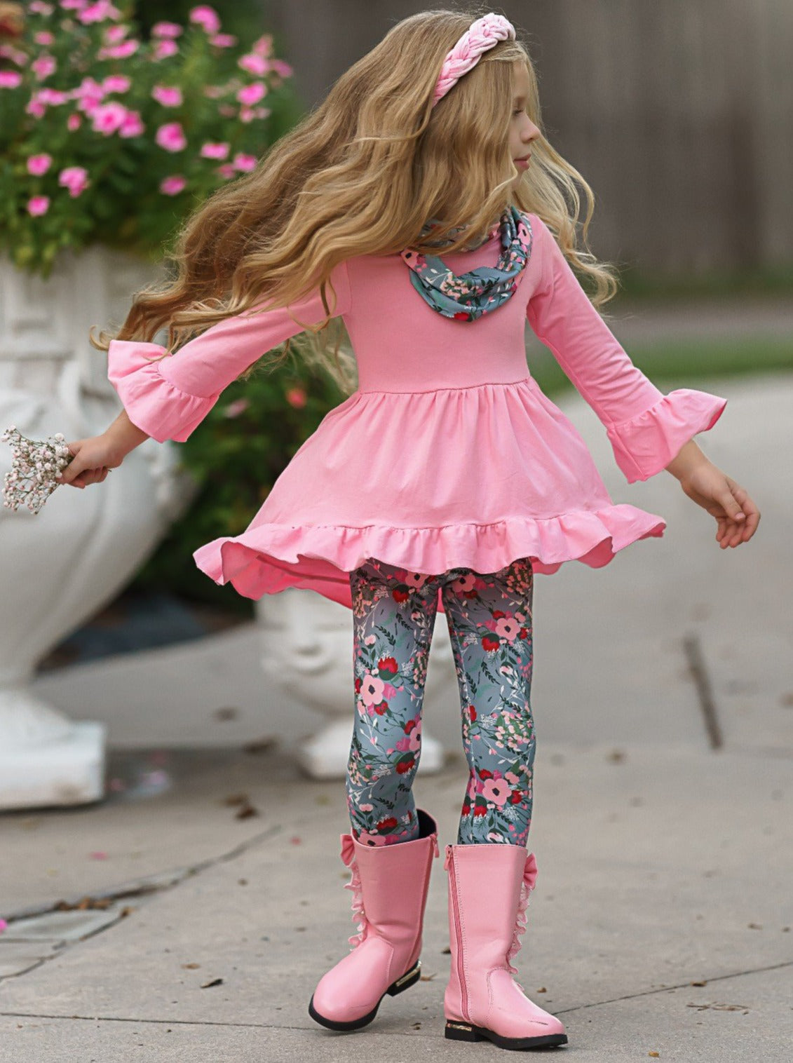 Image of Flawless Hi-Lo Ruffle Tunic, Floral Leggings & Scarf Set