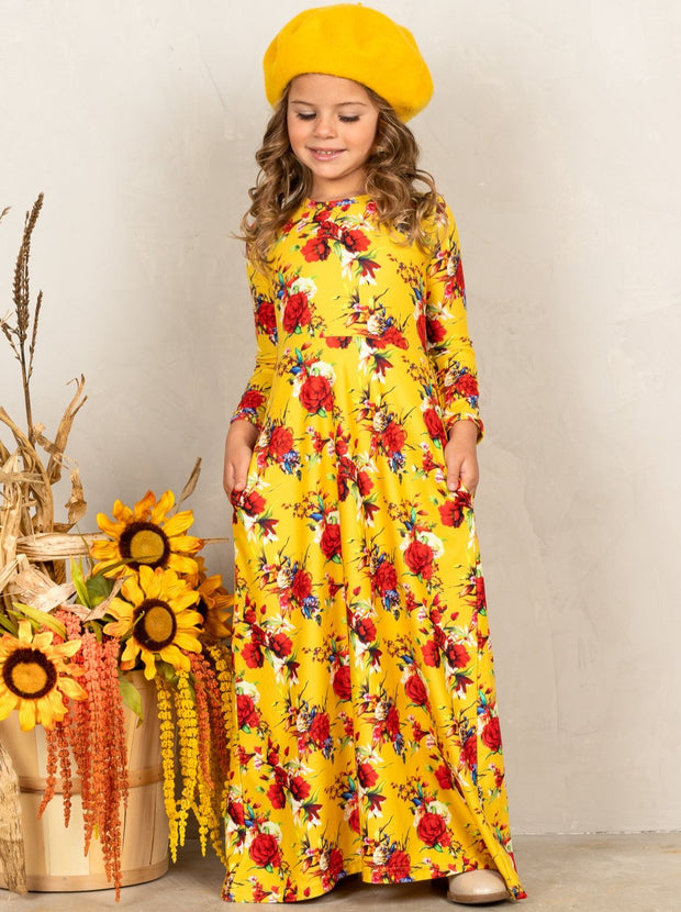 yellow long sleeve floral dress