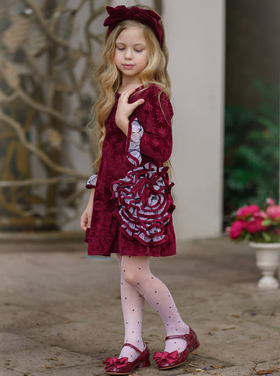 Mia Belle Girls Long Sleeve Ruffled Mesh Swirl Flower Dress