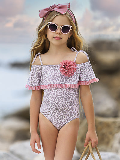 Pink Leopard Shimmer Girls One Should One Piece Swimsuit 2-14