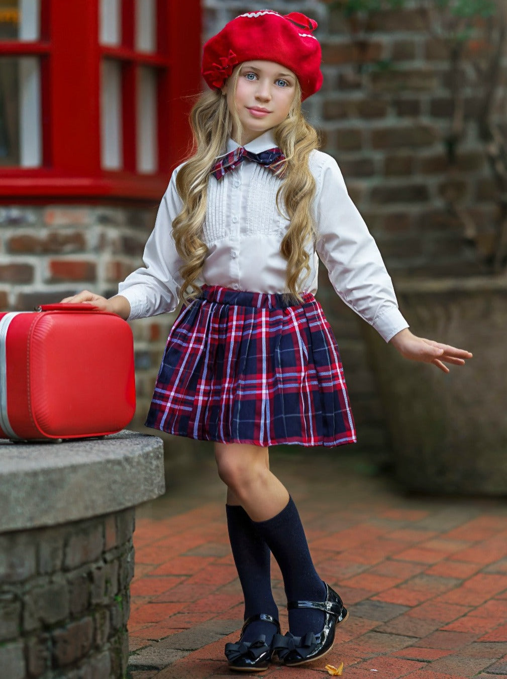 Girls Preppy Blouse, Bow Tie, & Plaid Skirt Set - Shop Mia Belle Girls