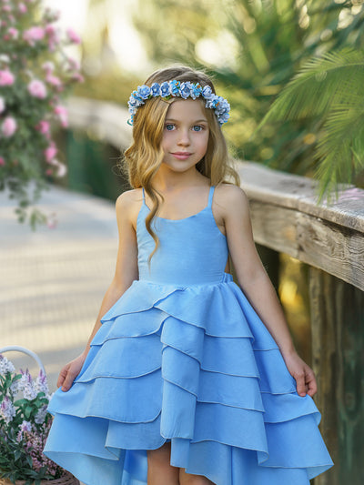 Girls Blue Sleeveless Tiered Hi-Lo Dress - Mia Belle Girls