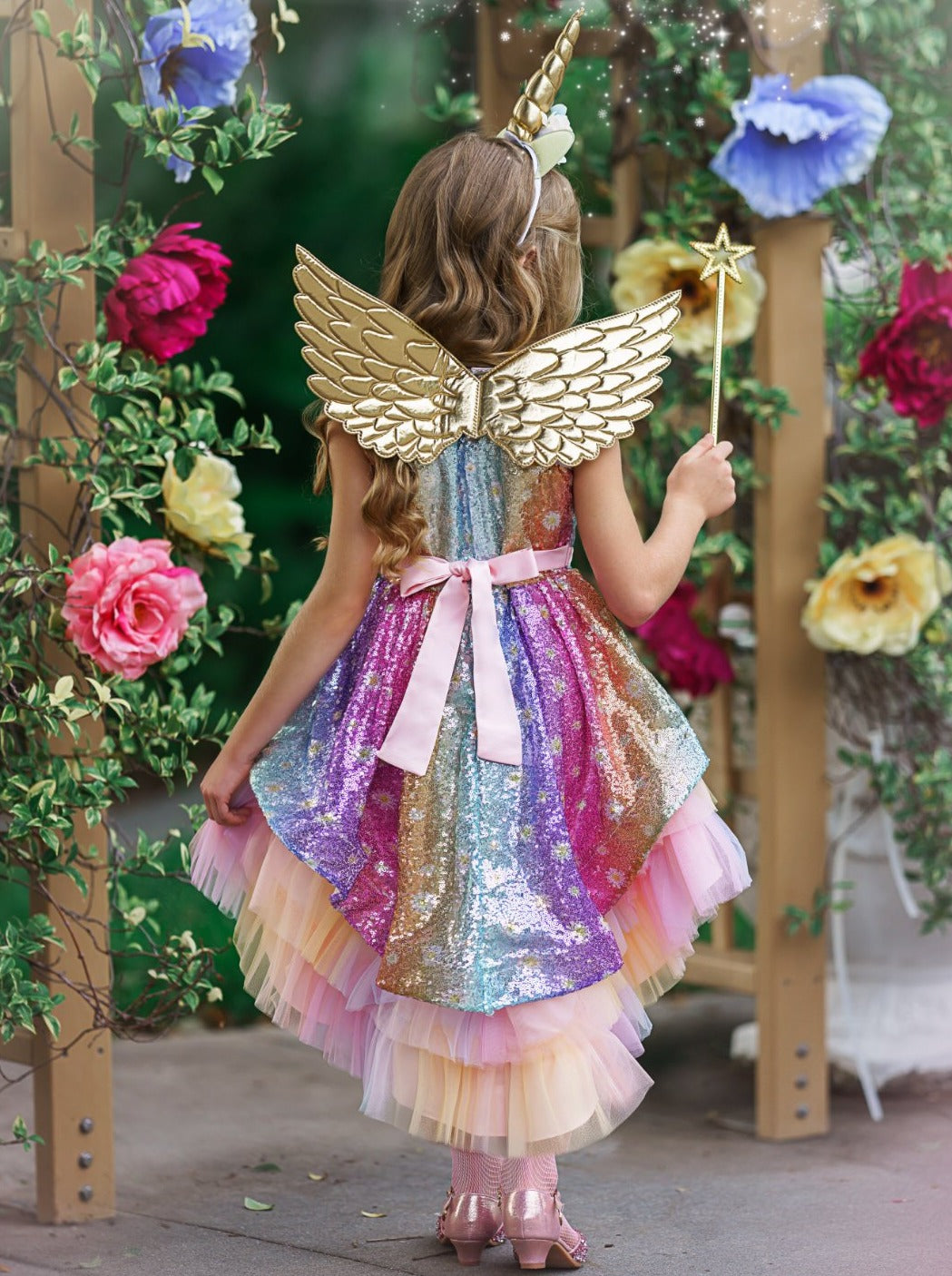 Mia Belle Girls Glitter Rainbow Fairy Halloween Hi-Lo Dress