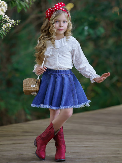 Girls Long Sleeved Collared Top and Denim Skirt Set - Mia Belle Girls