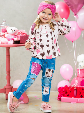 Girls Valentine's Outfits  Be Mine Ruffle Top And Bell Bottom Jeans Set –  Mia Belle Girls