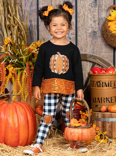Girls Fall Outfit  Pumpkin Top And Sequin Legging Set - Mia Belle Girls