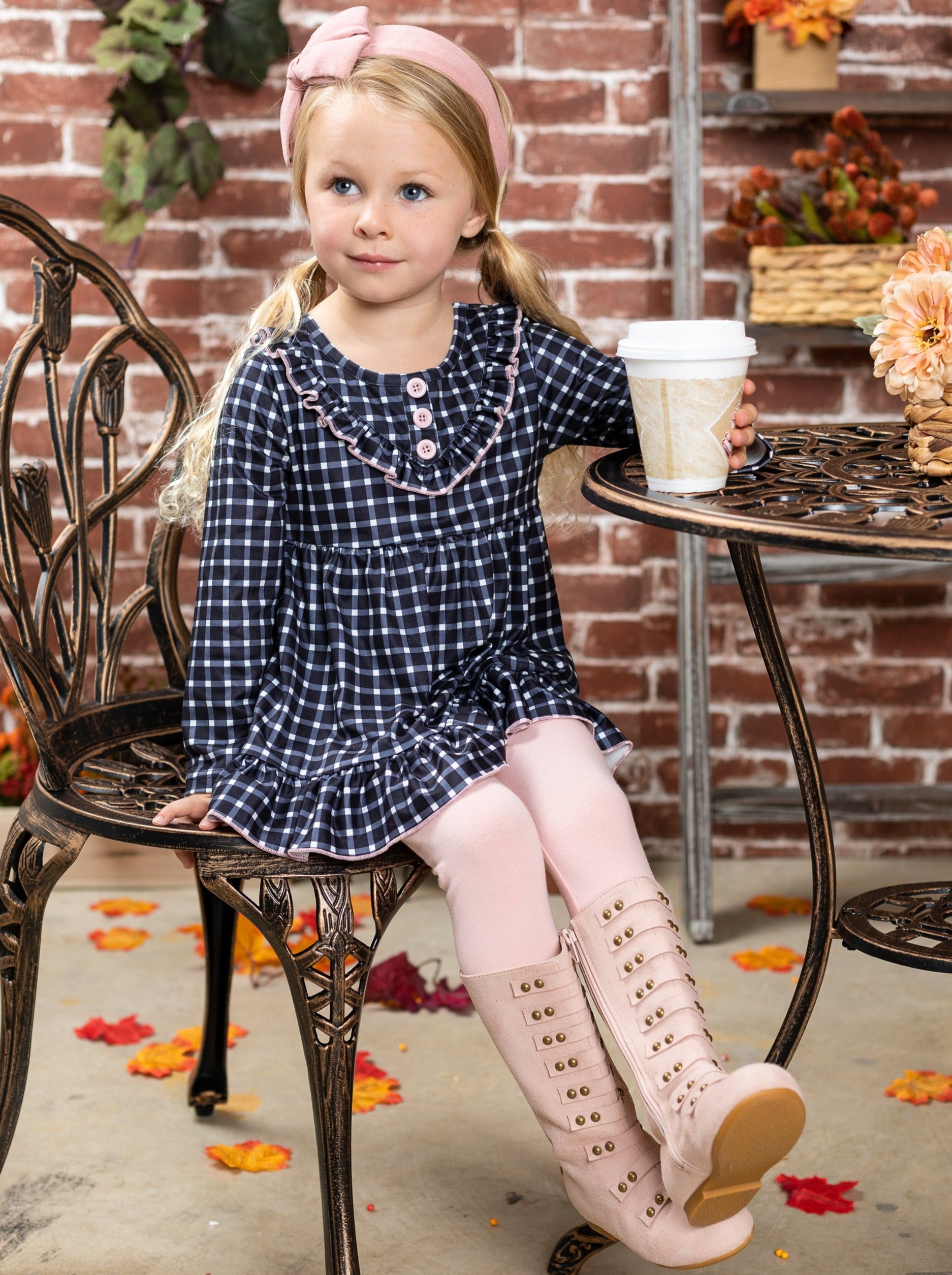 Image of Girls Can't Go Wrong with Casual Chic Ruffled Plaid Tunic with Legging Set