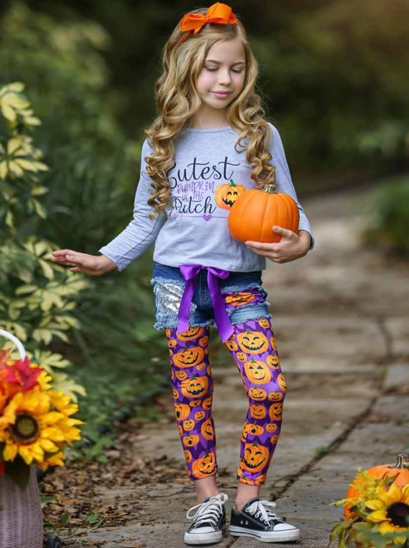 Image of Cutest Pumpkin Patched Denim Shorts & Legging Set