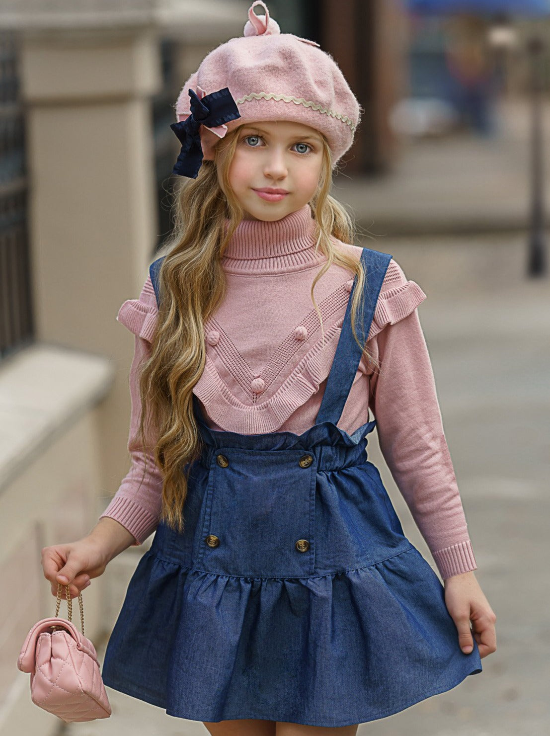 Image of Take Note Turtleneck & Chambray Overall Skirt Set