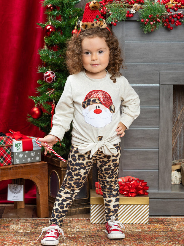 Girls Here Comes Santa Knotted Top and Leopard Leggings Set
