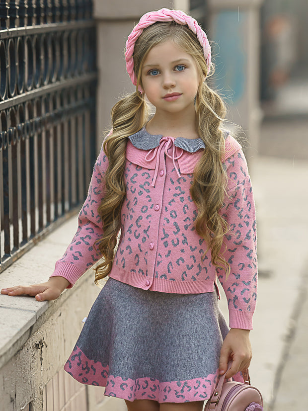 Girls Leopard Collared Buttoned Cardigan and Skirt Set – Mia Belle Girls