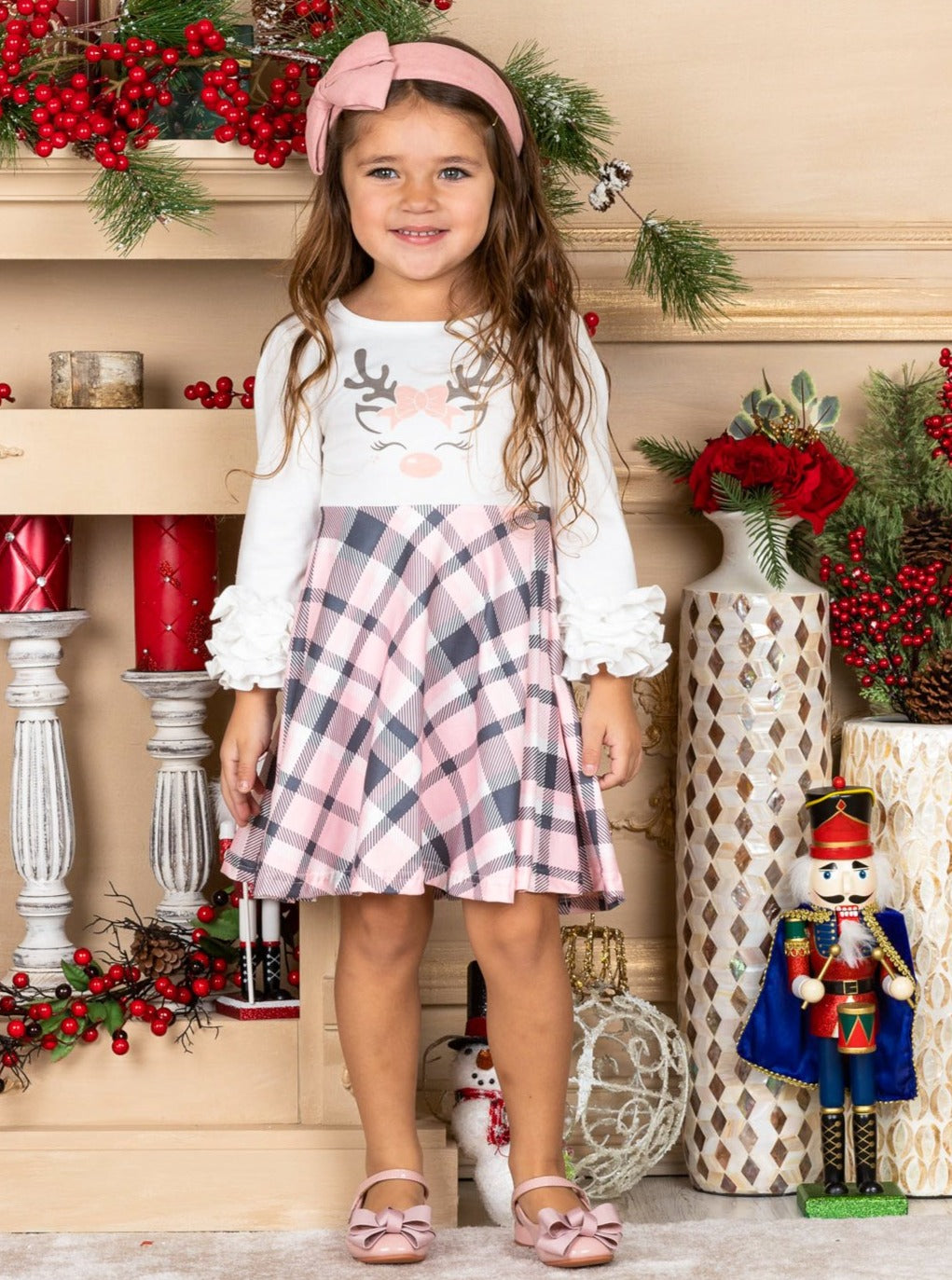 Girls Rudolph Ruffled Sleeve Plaid Dress – Mia Belle Girls