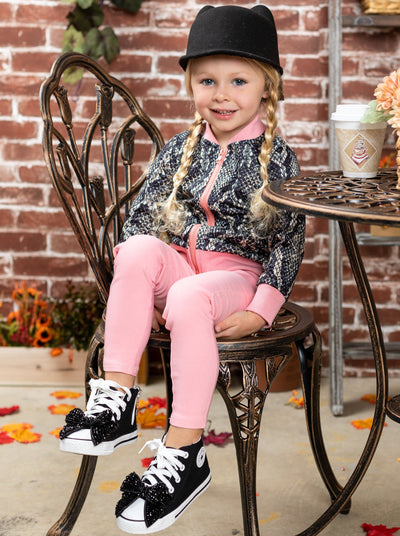 Girls Spring Fall Bomber jacket features a snake print, middle zipper and contrast pink binding 2T-10Y
