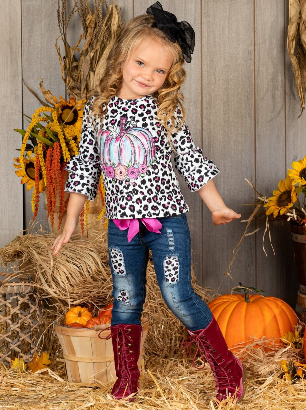 Image of Pastel Pumpkin Leopard Patched Jeans Set