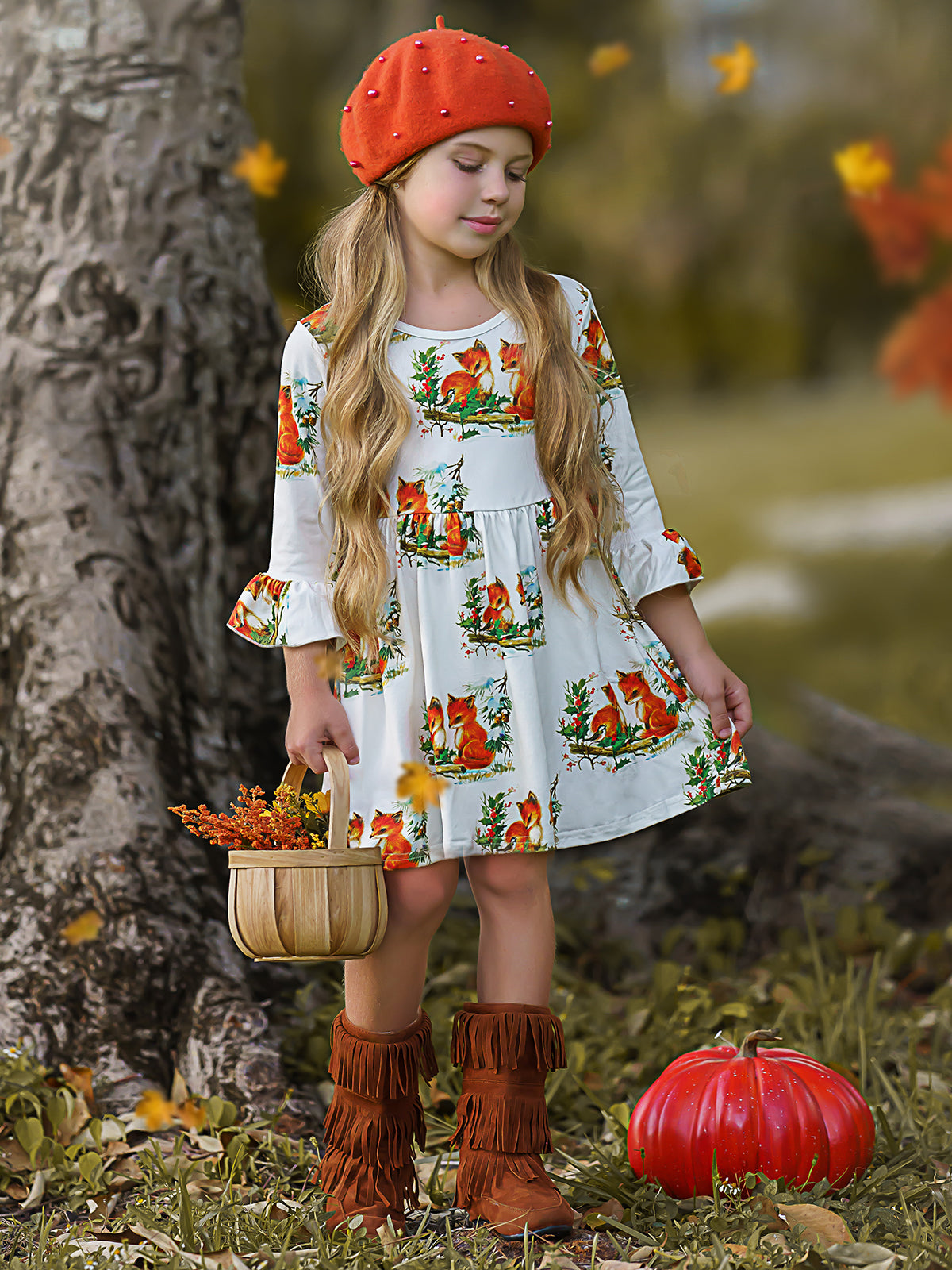 Childrens White Dress | Fox Print Dress - Mia Belle Girls