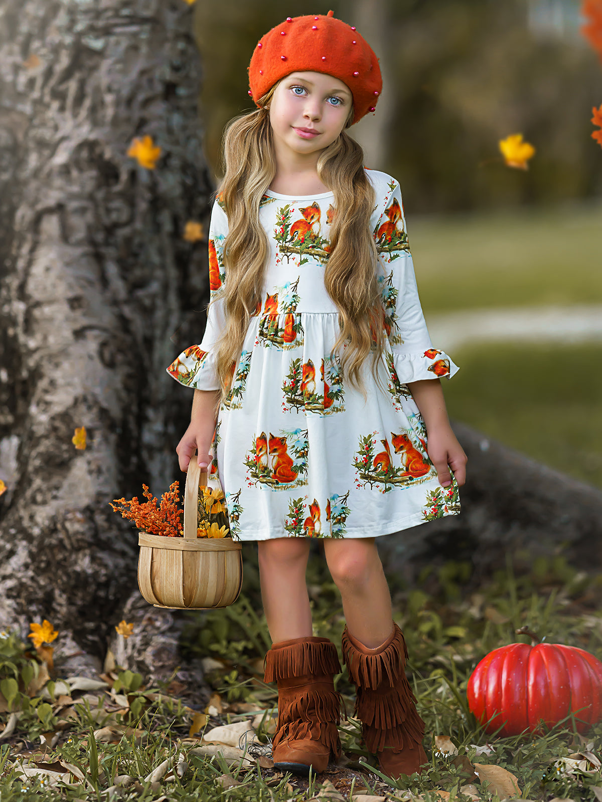 Childrens White Dress | Fox Print Dress - Mia Belle Girls