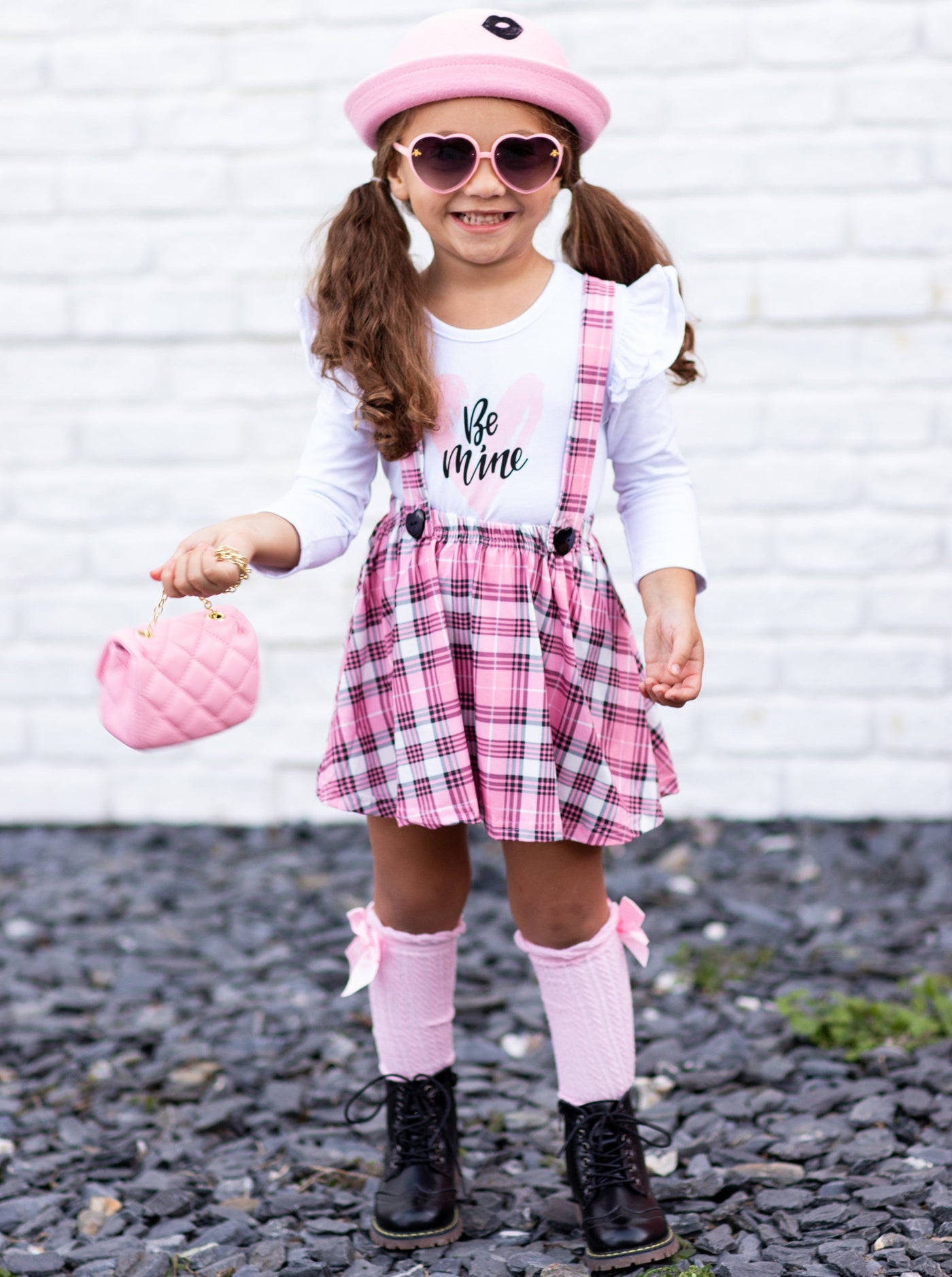 Girls You're Mine Forever Long Sleeved Top and Plaid Pinafore Skirt Set ...