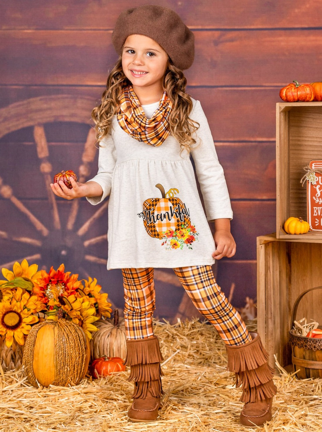 Image of Thankful Pumpkin Tunic, Plaid Leggings & Scarf Set