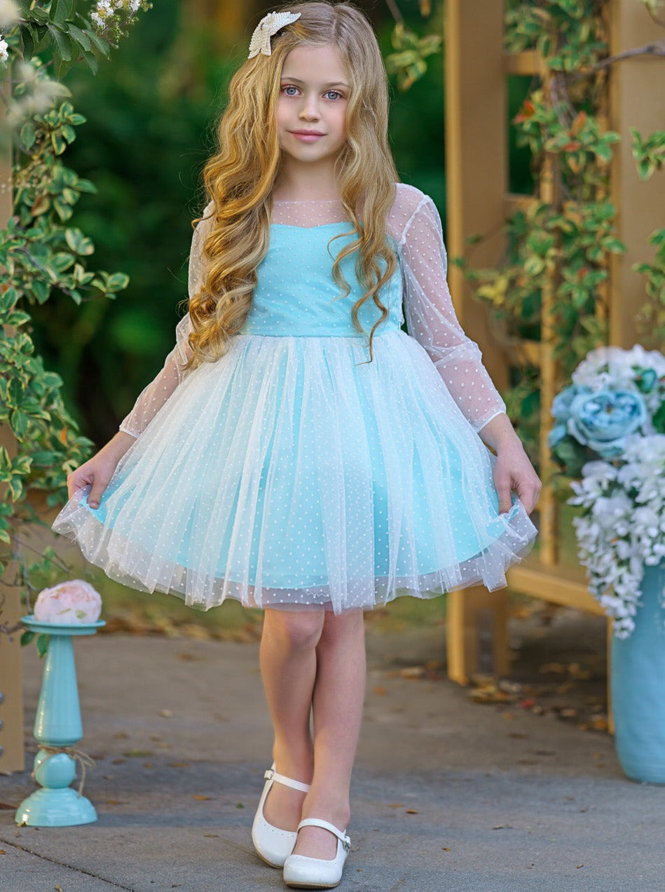 Girls Sheer Sleeve Polka Dot Ruffled Formal Dress - Mia Belle Girls