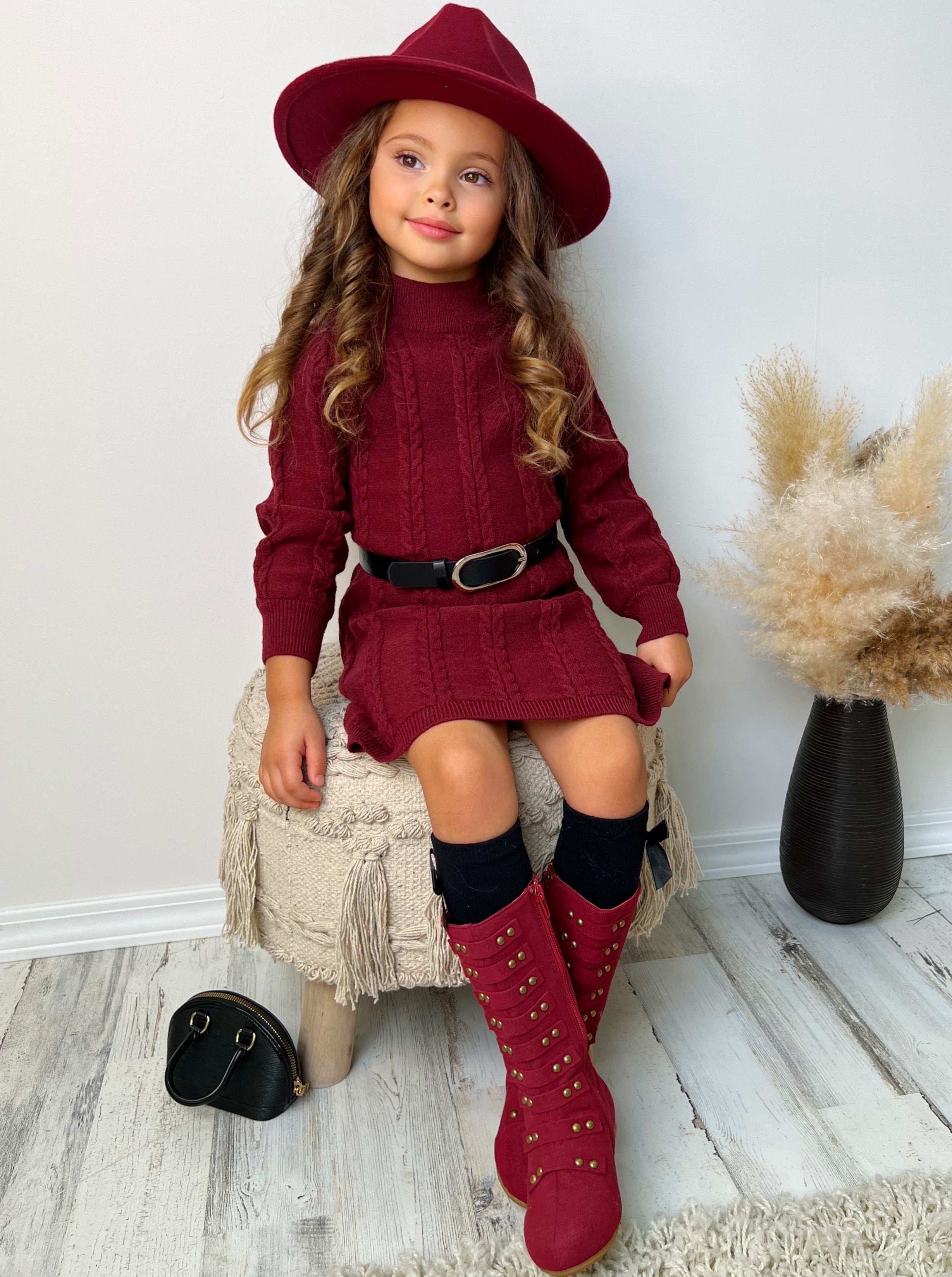 Image of Cute Cranberry Cable Knit Belted Sweater Dress