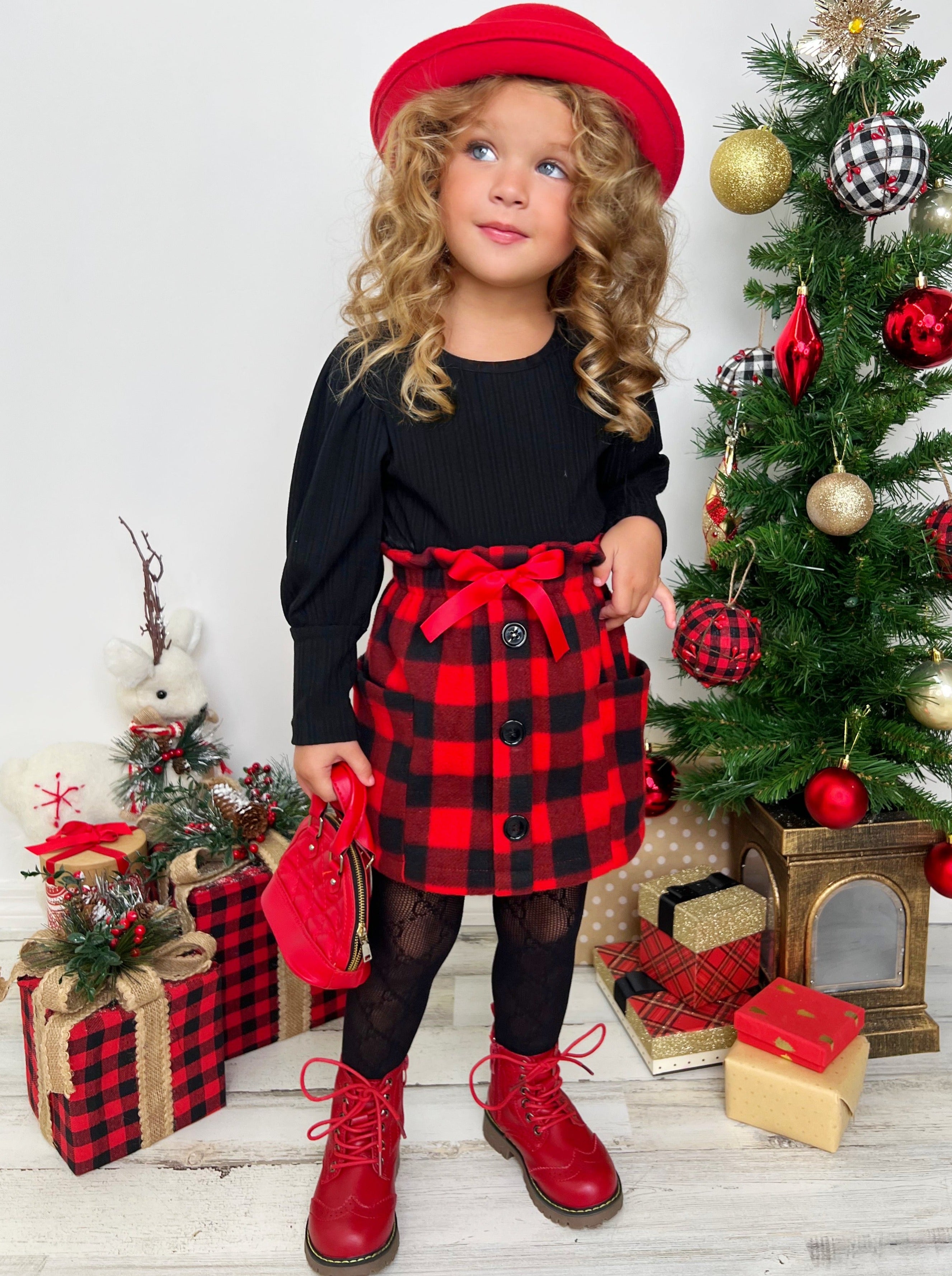 Cute Christmas Outfits  Girls Santa Tunic, Plaid Scarf And Legging Set –  Mia Belle Girls