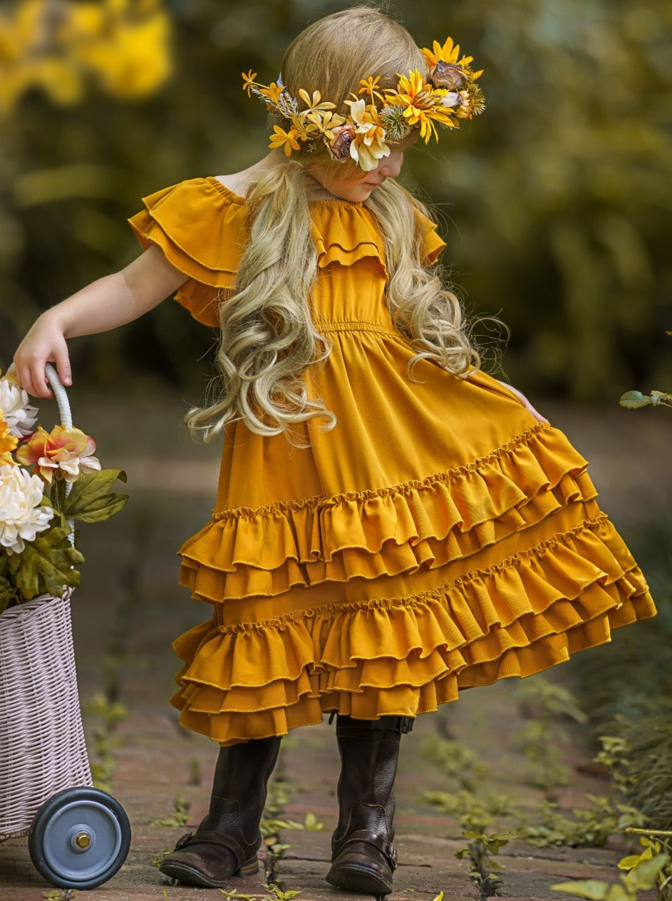 Image of Marigold Sunset Tiered Ruffle Midi Dress