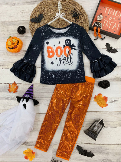 Girls Halloween Apparel  Toddler Striped Ghost Top And Sequin Skirt Set –  Mia Belle Girls