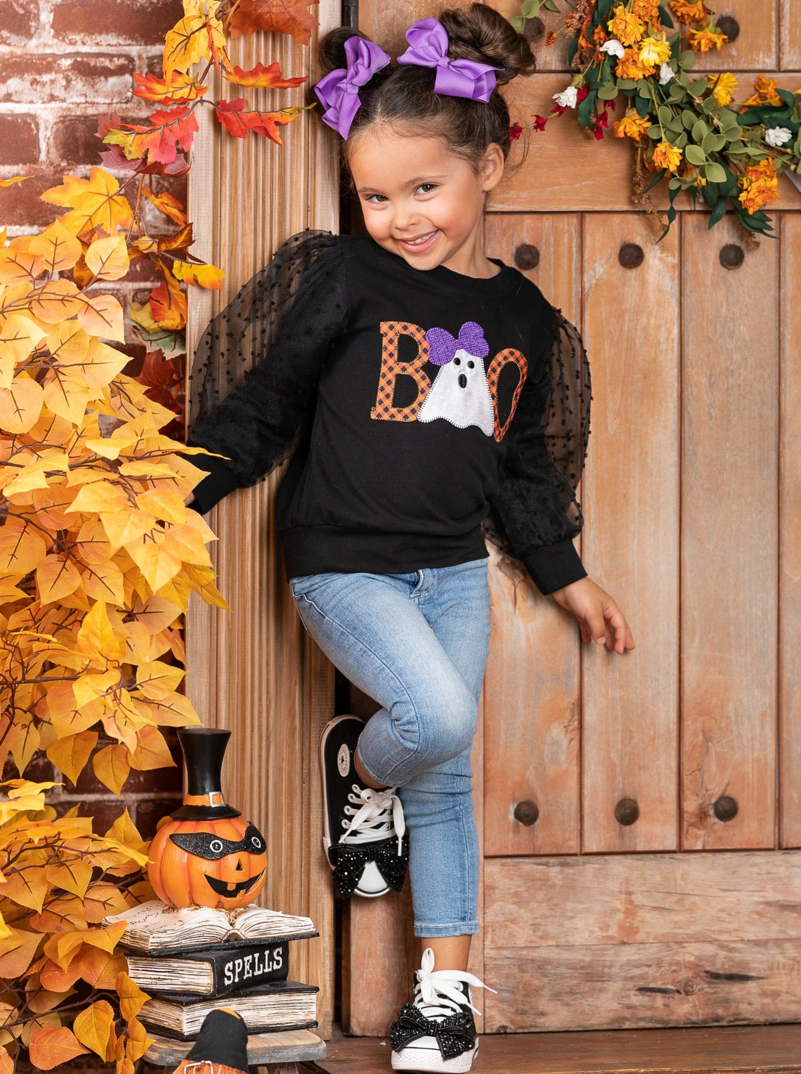 Image of Polka Dot Boos Tulle Sleeve Sweater