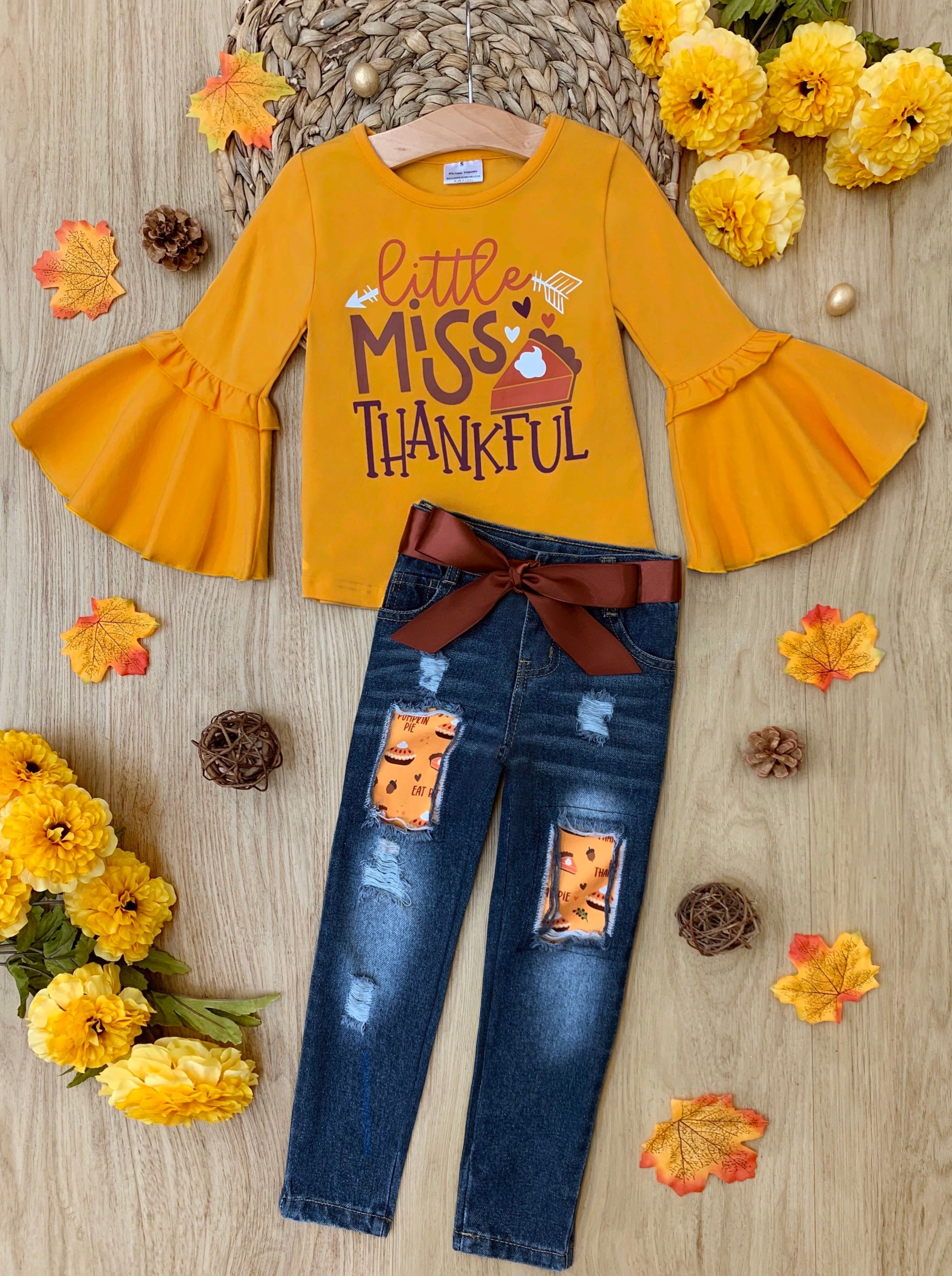 Image of Little Miss Thankful Patched Jeans Set