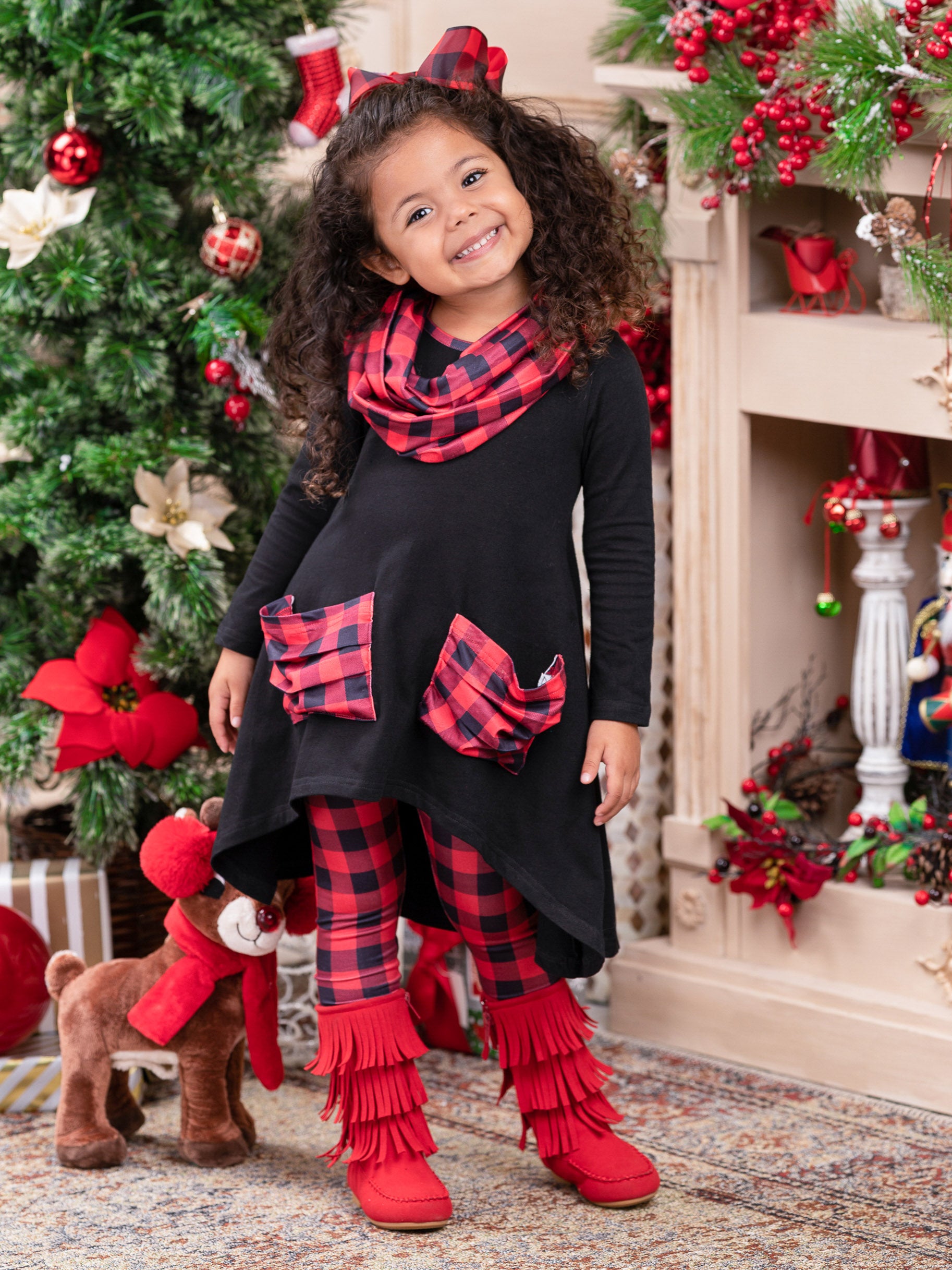 Image of Pretty Plaid Slouch Pocket Tunic, Leggings & Scarf Set