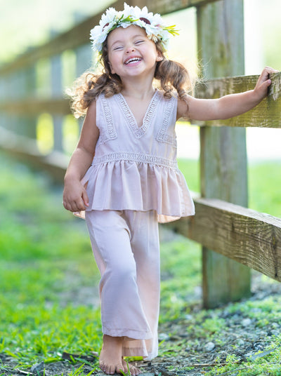 Cute Spring Outfit  Girls Pastel Ruffle Hem Top & Wide Leg Pants Set – Mia  Belle Girls