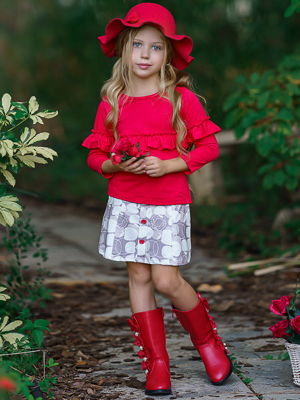 First Day of School Ruffle Top and Apple Skirt Set - Mia Belle Girls