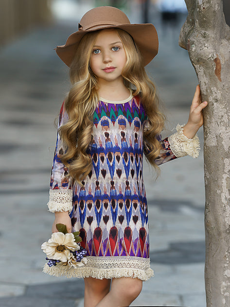 Girls Long Sleeve Tribal Print A-Line Crochet Fringe Twiggy Dress – Mia ...