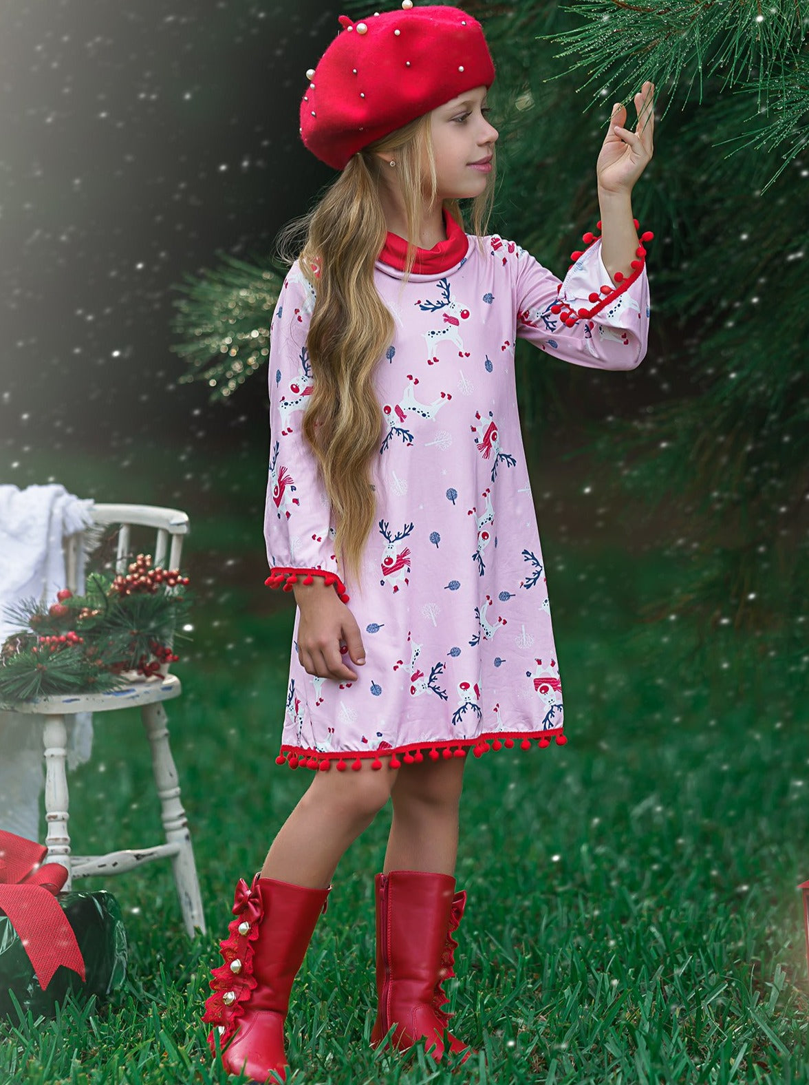 Cute Winter Dresses | Girls Rudolph Print Turtleneck Pom Pom Hem Dress ...