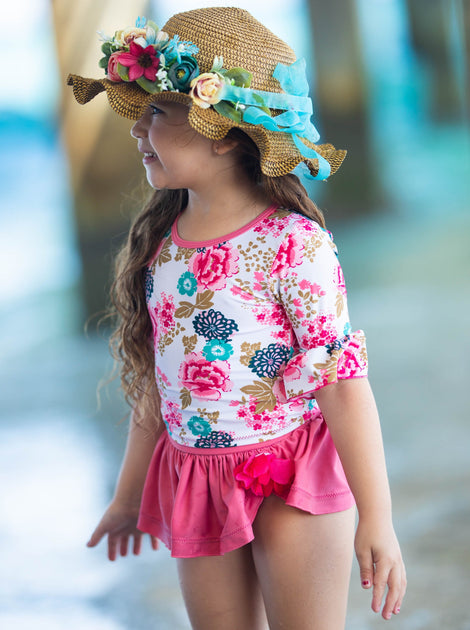 Mia Belle Girls Floral Ruffled Top and Skirted Bottom Rash Guard Two ...