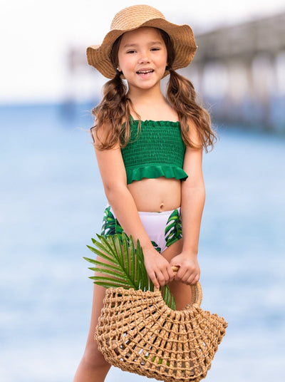 Kids Swimsuit  Girls Tropical Smocked High Waisted Two-Piece