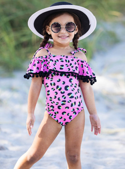 Girls one piece swimsuit pink cheetah print with ruffled cold shoulder neckline 2T/3T to 10Y/12Y