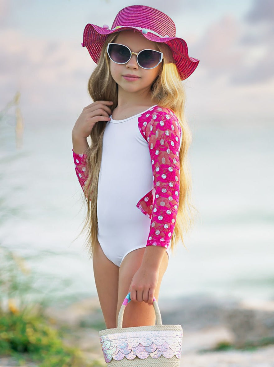 Little Girls Lace Insert Rash Guard One Piece Swimsuit - Mia Belle Girls